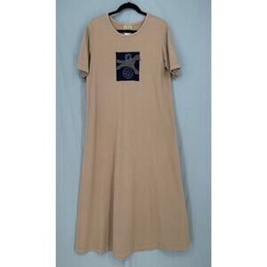 90s Vintage Dress Womens Large Tan Maxi Horse Western Boho Country Cotton USA